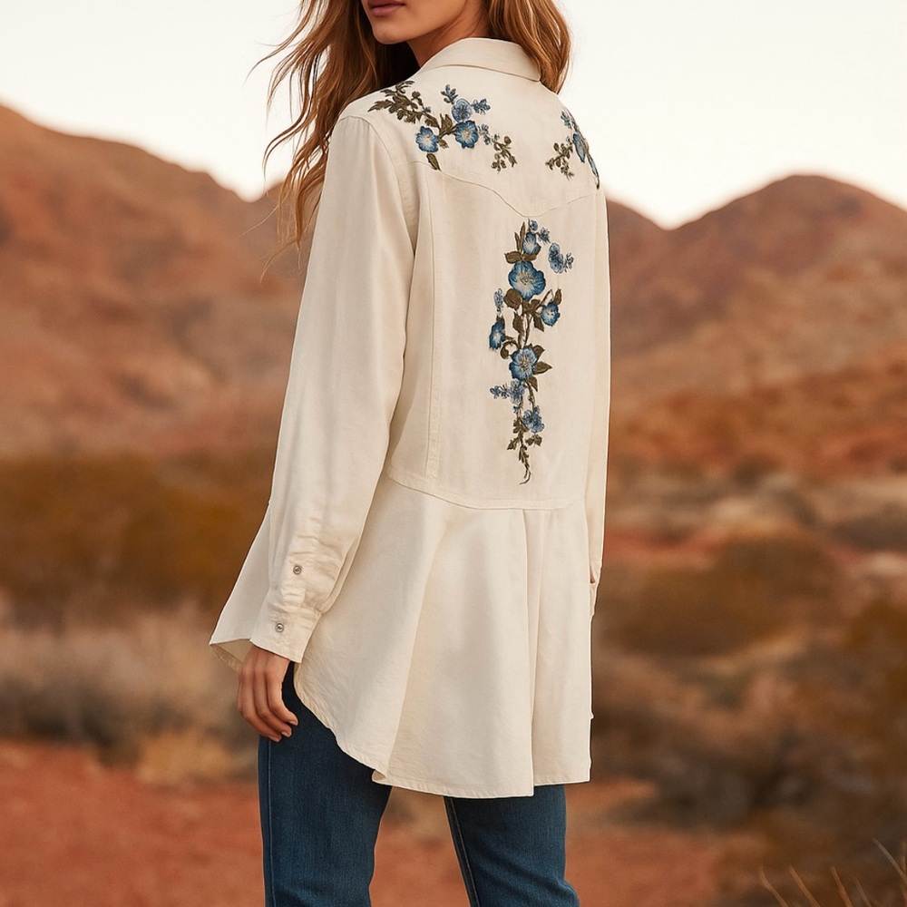 Lola P Embroidered White Cotton Boho Western Floral Button Front Top Size Large